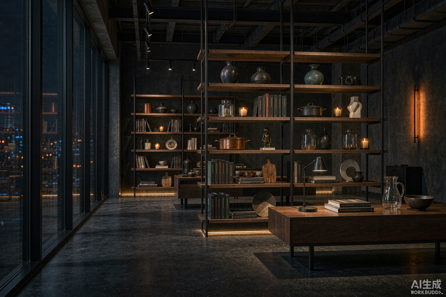 Heavy-duty steel shelving racks styled across a modern home